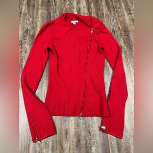 Vintage Cache red long sleeve zip up top with rhinestone zippers